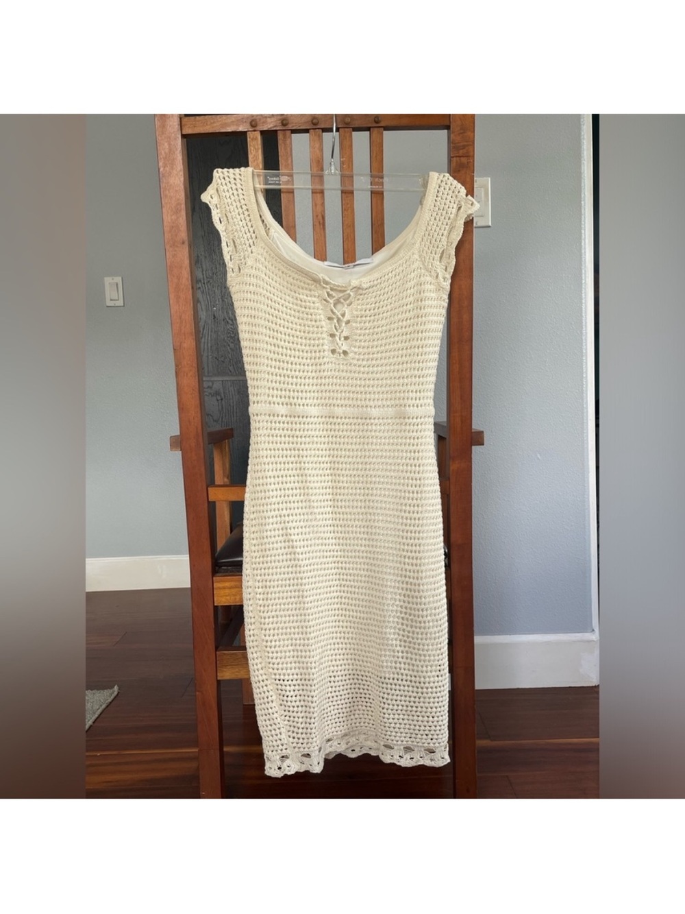 Guess Cream Crochet Lace-Up Midi Dress